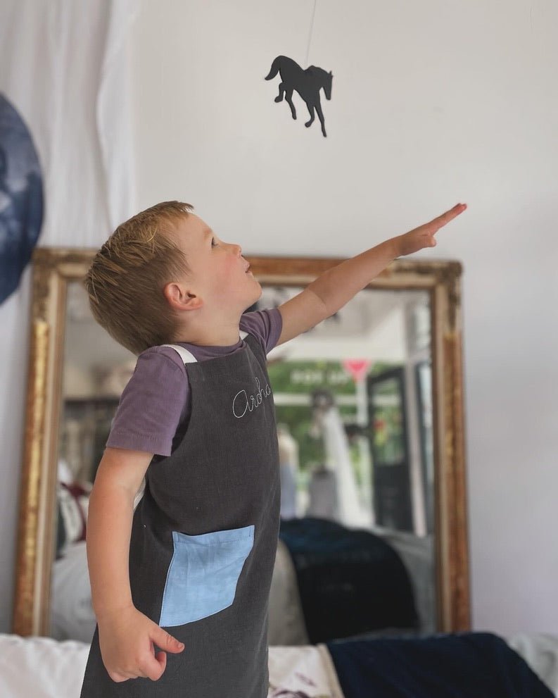 Kids Blue on Stone Grey Linen Apron - Namesake Embroidery Studio