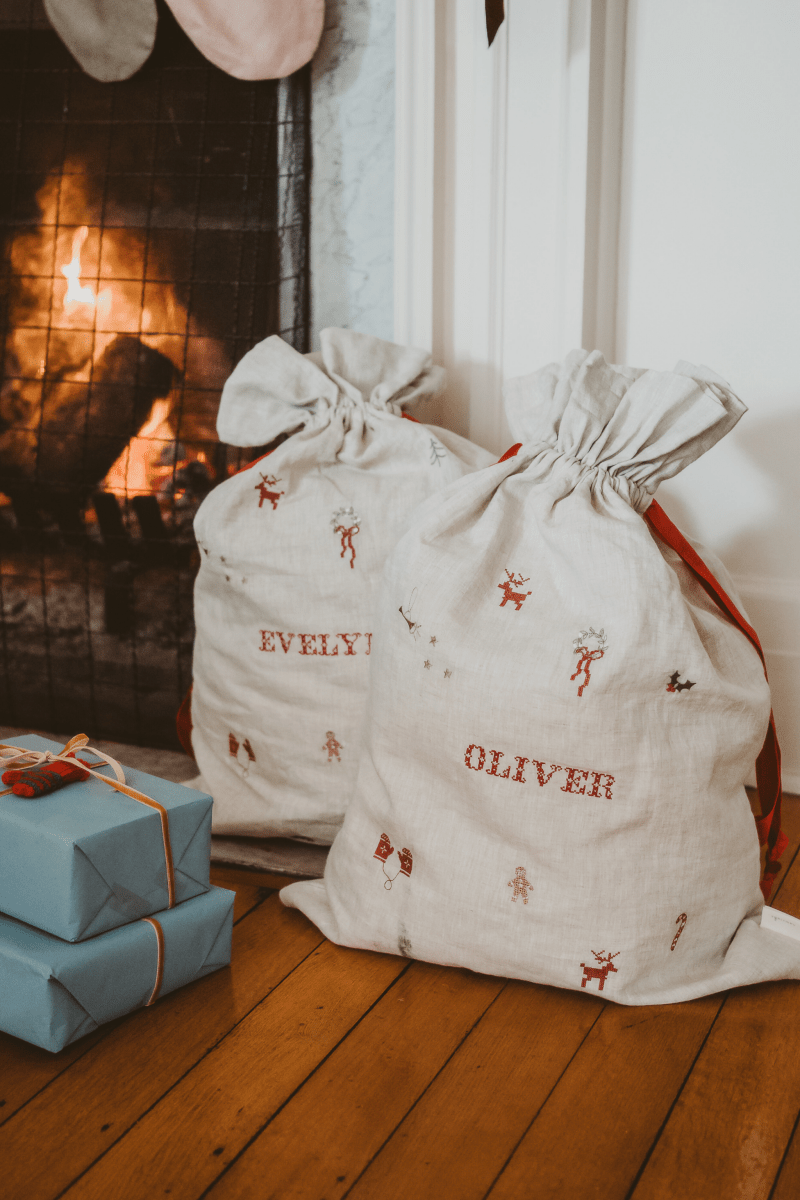 Linen Pattern Santa Sack - Namesake Embroidery Studio