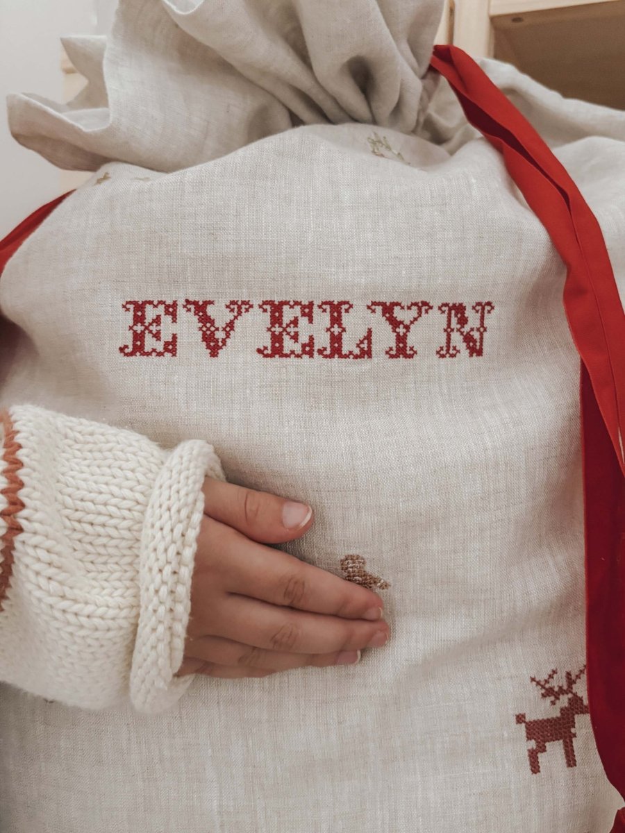 Linen Pattern Santa Sack - Namesake Embroidery Studio