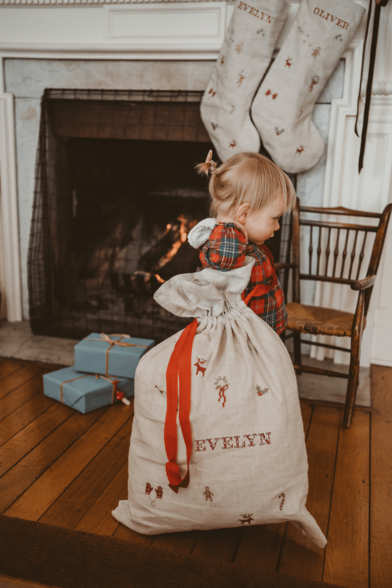 Linen Pattern Santa Sack - Namesake Embroidery Studio