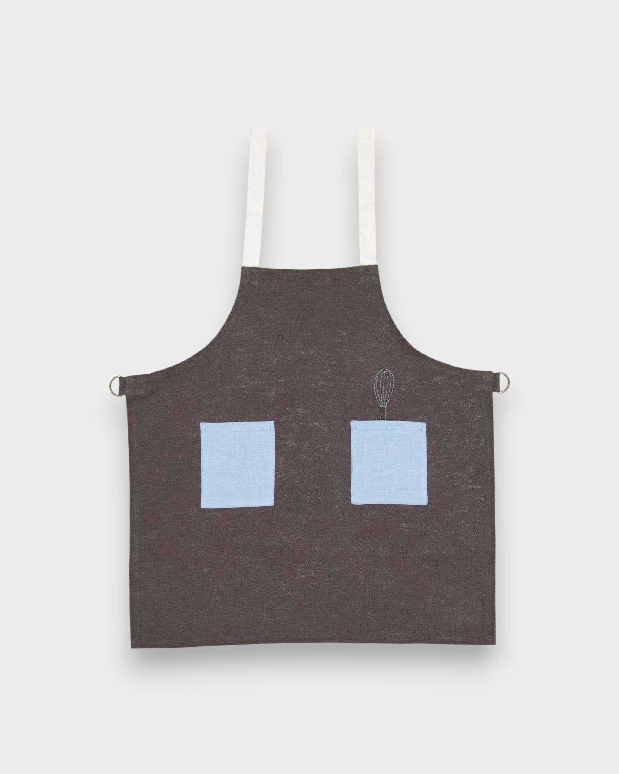 Kids blue on stone grey linen apron with embroidery and adjustable straps.